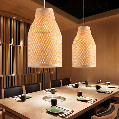 Natural Rattan Woven Beige Vase Restaurant Pendant Light Image - 1