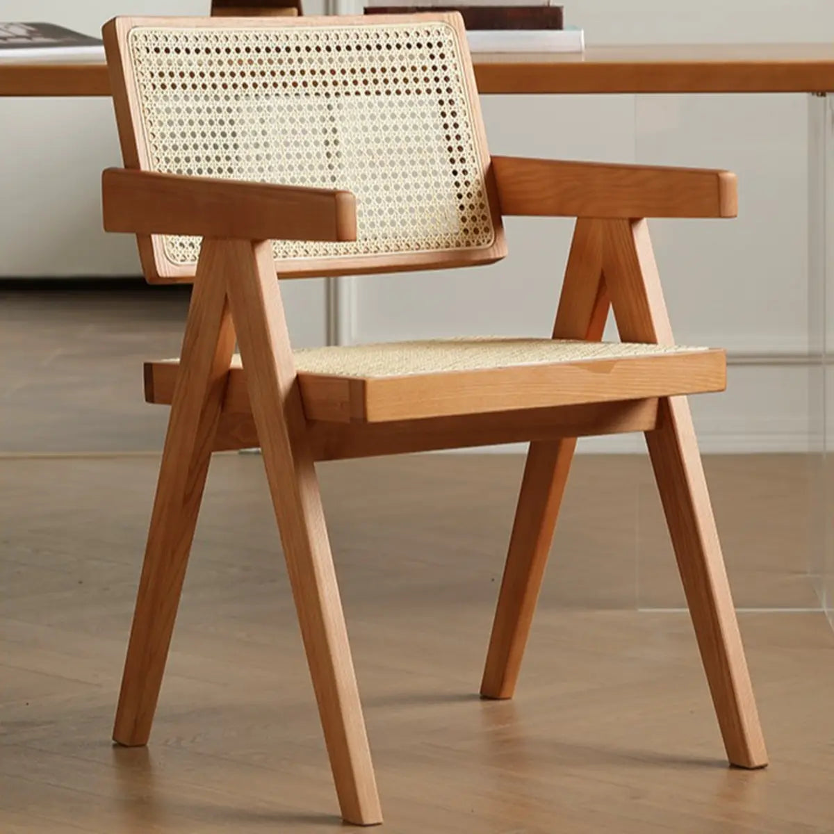 Natural Rectangle Wood Armchair Woven Dining Chair Image - 1