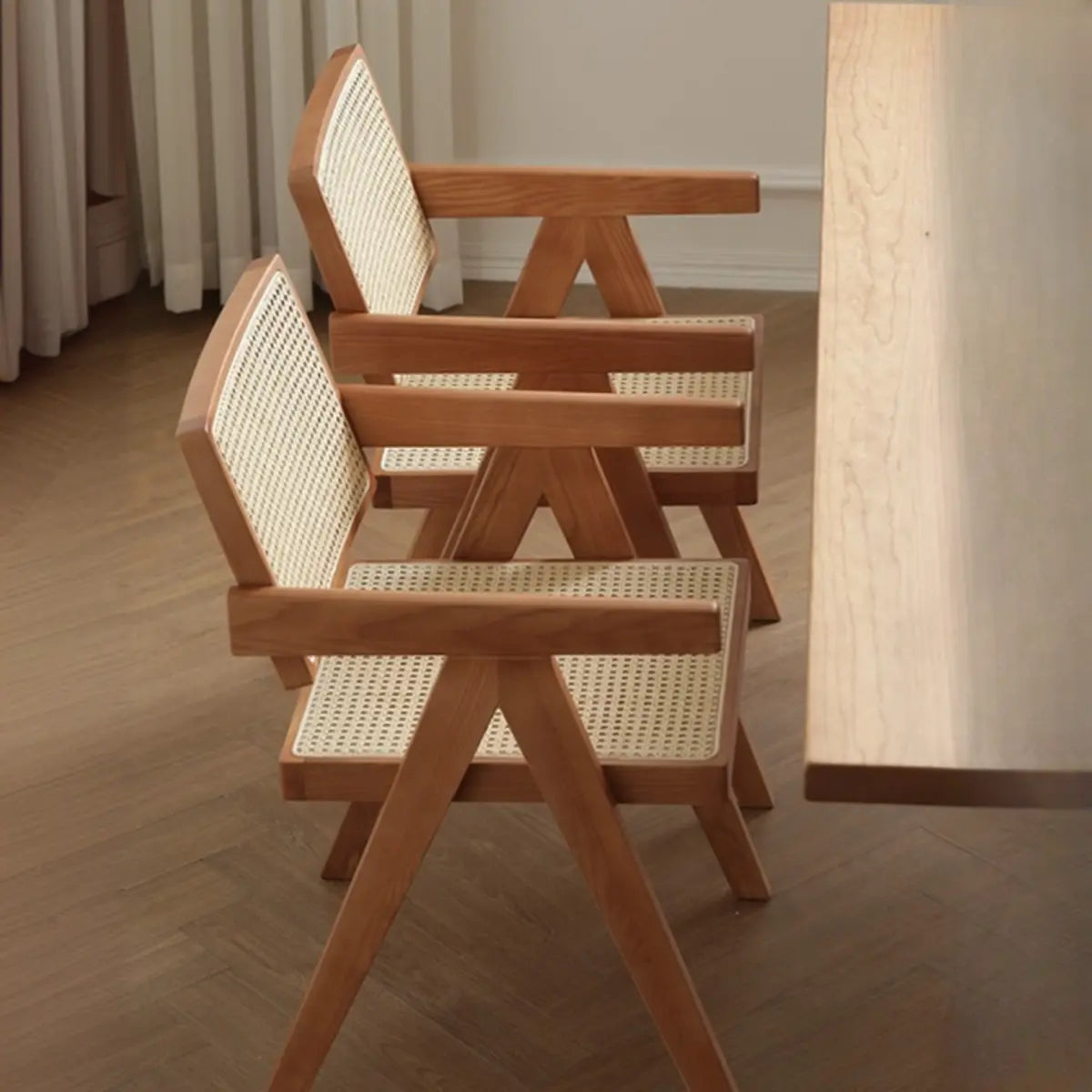 Natural Rectangle Wood Armchair Woven Dining Chair Image - 3