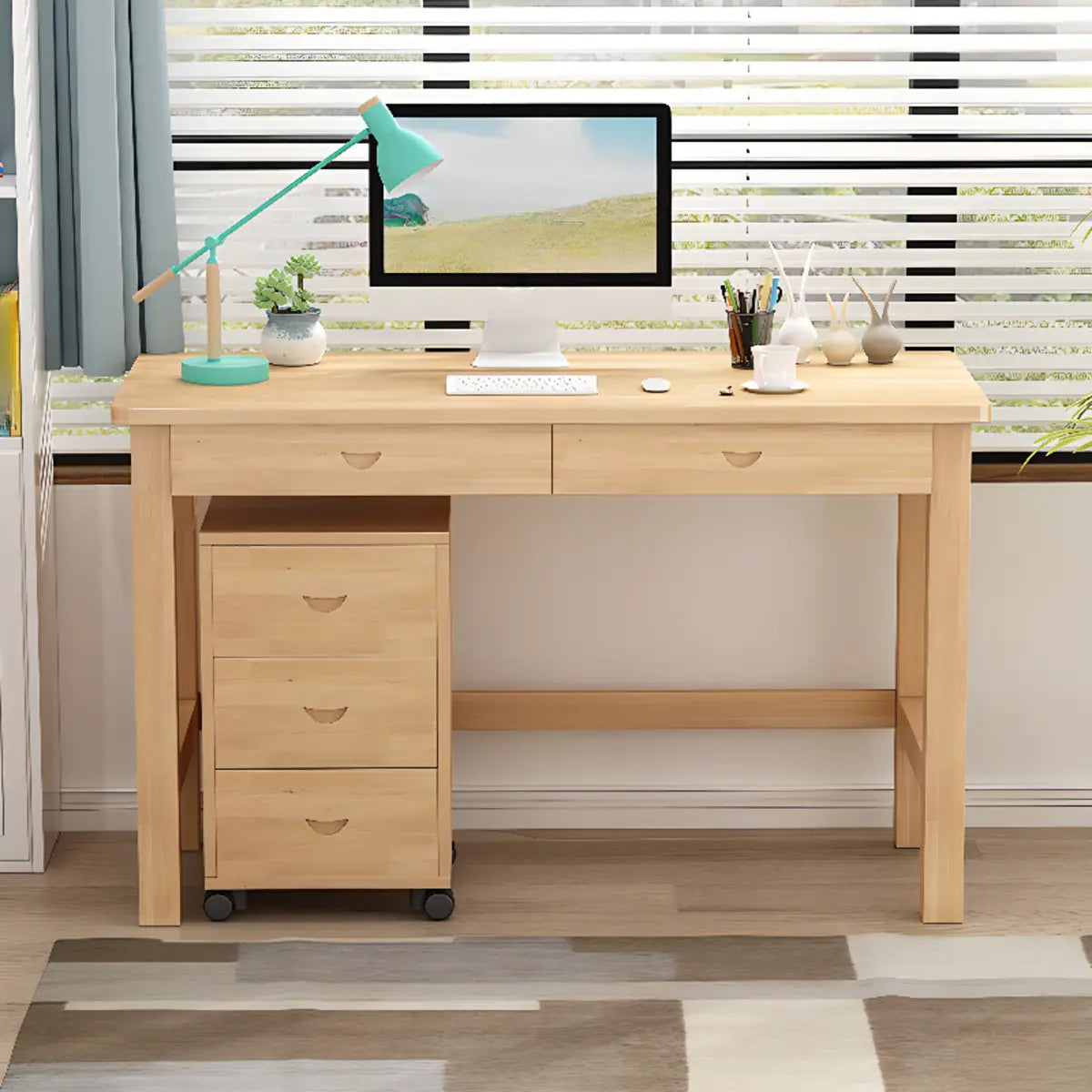 Natural Rectangle Wood Soft Close Drawer Computer Desk Image - 5