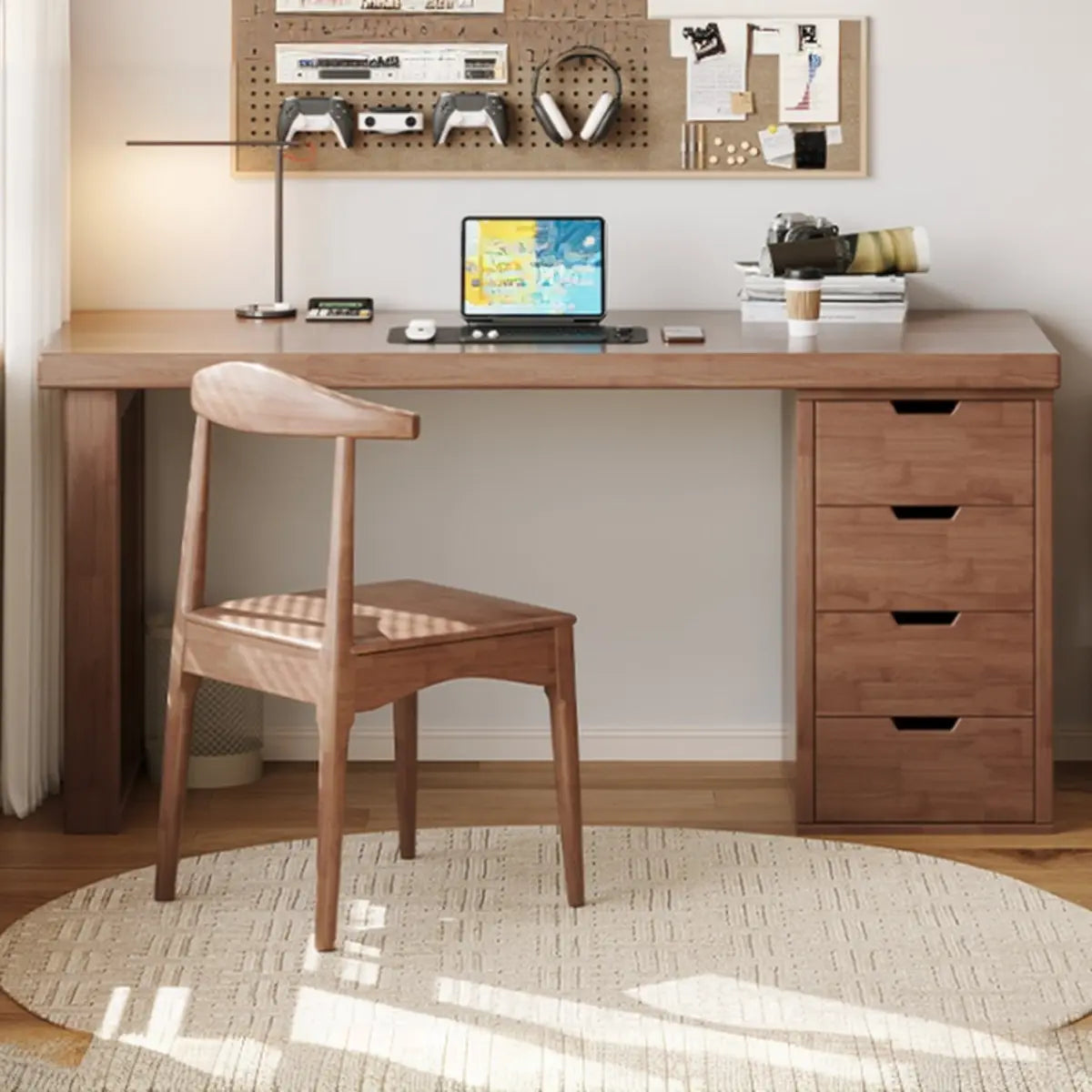 Natural Rectangular Wood Pedestal Drawers Writing Desk Image - 6