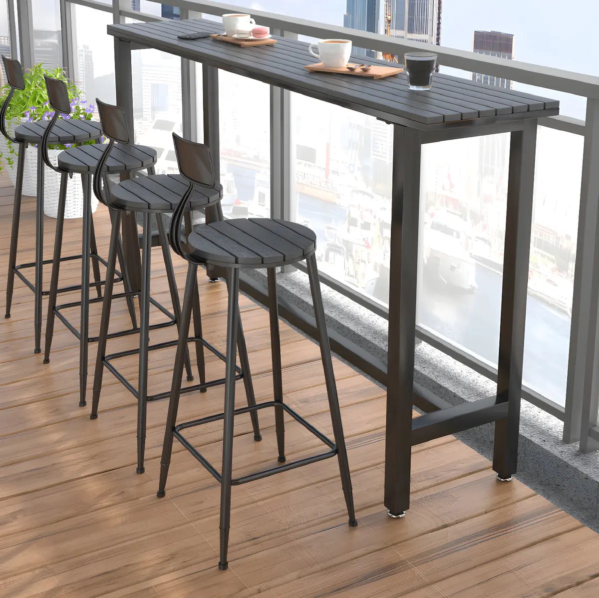 Natural Rectangular Wood Tall Bar Bistro Table With Footrest Image - 6