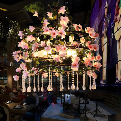 Natural Restaurant Tiered Pink Floral Crystal Chandelier Image - 2