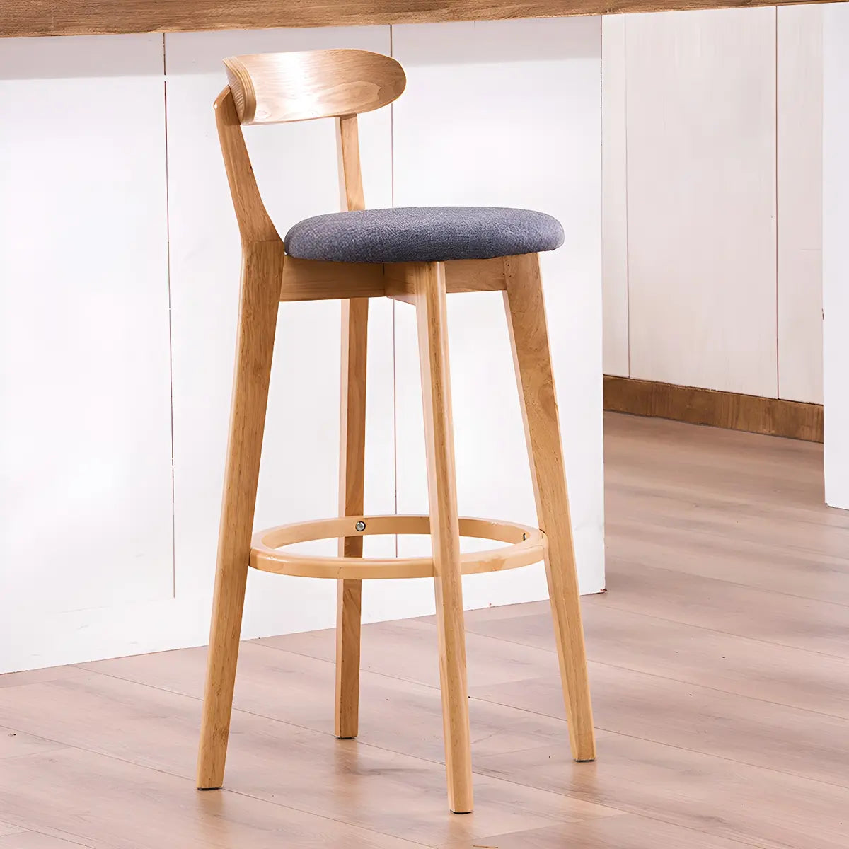 Natural Round Beech Cotton Backrest Wood Bar Stool Image - 39