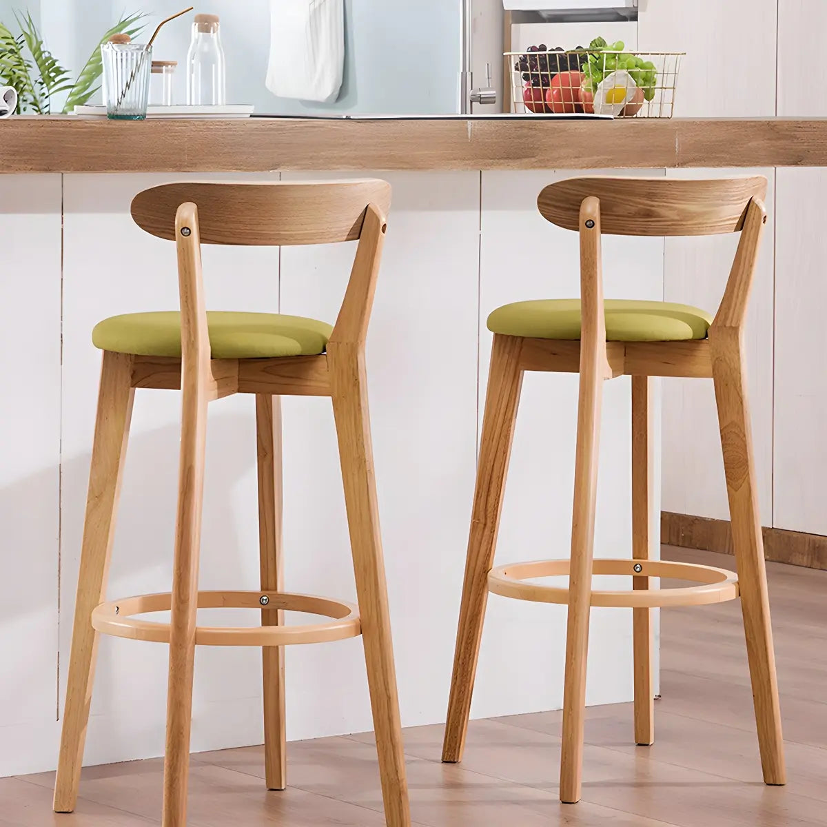 Natural Round Beech Cotton Backrest Wood Bar Stool Image - 6