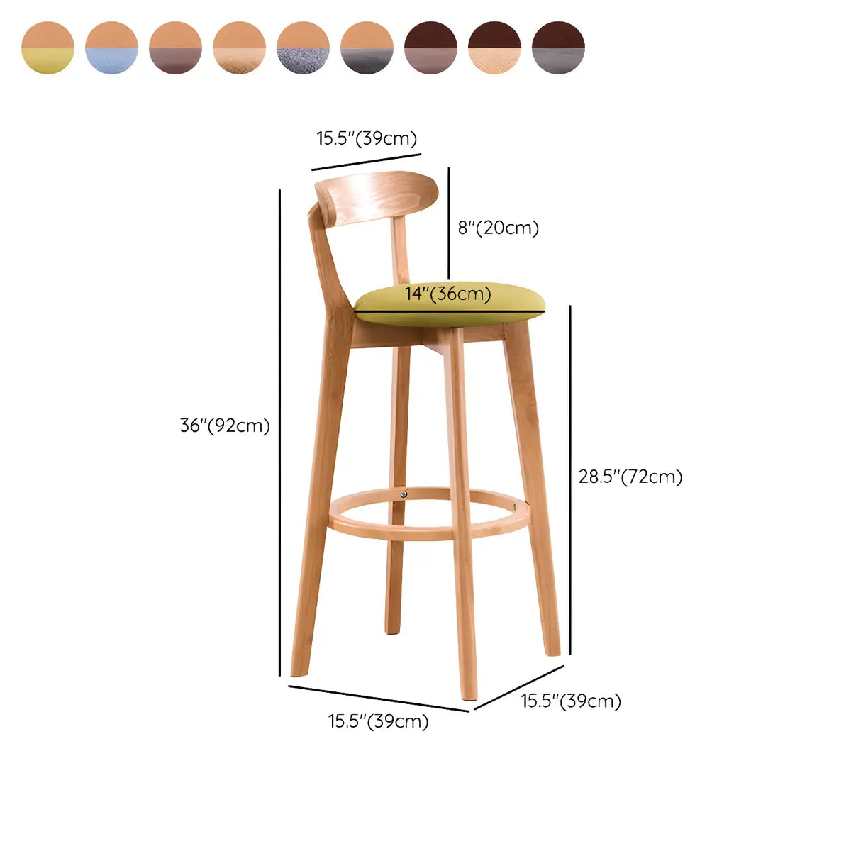 Natural Round Beech Cotton Backrest Wood Bar Stool 