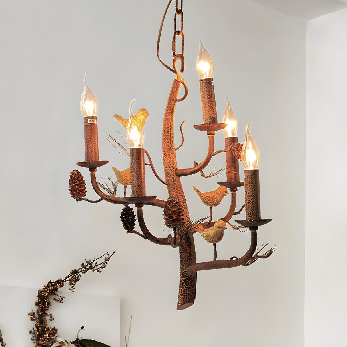 Natural Rustic Bedroom Branch Bird Nest Candle Chandelier Image - 4