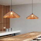 Natural Slatted Solid Wood Cone Pendant Light Image - 1