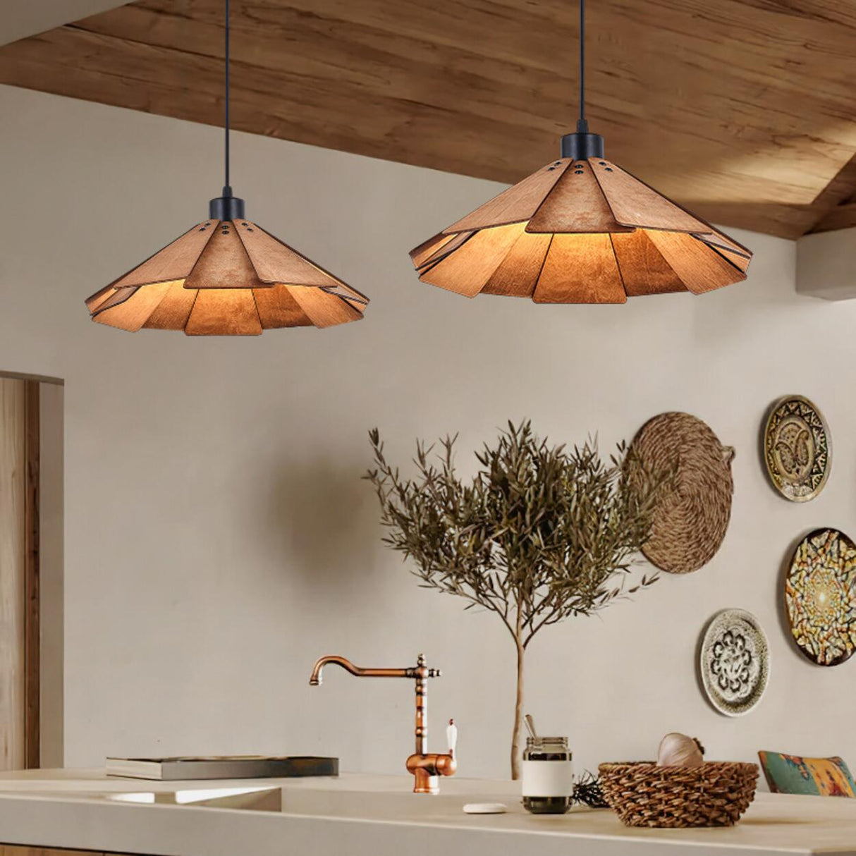 Natural Slatted Solid Wood Cone Pendant Light Image - 2