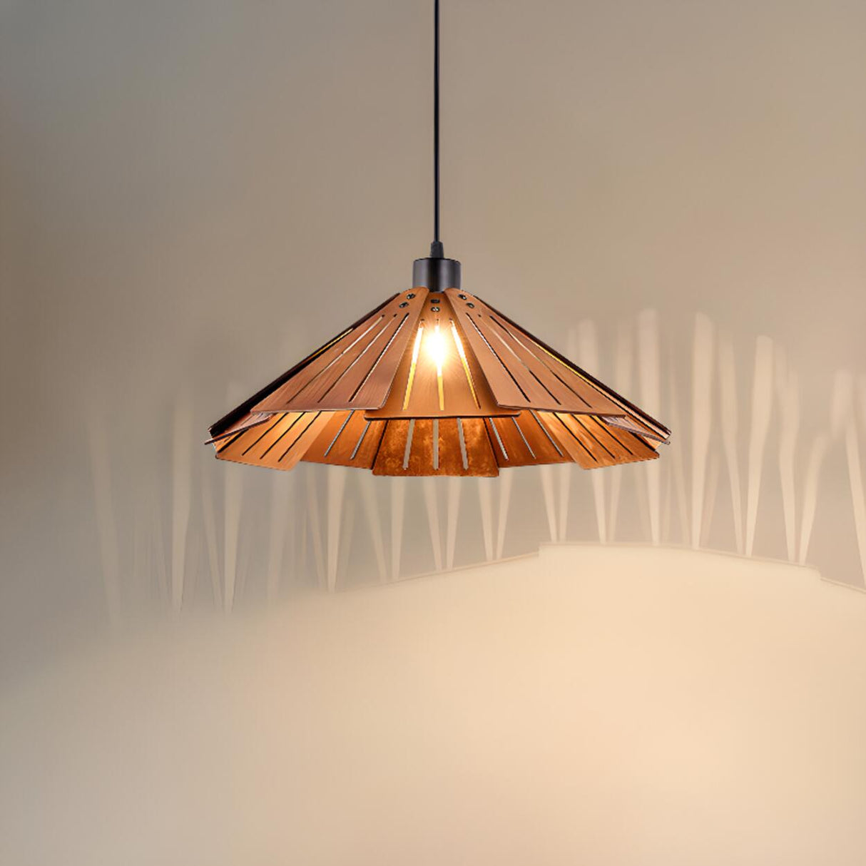 Natural Slatted Solid Wood Cone Pendant Light Image - 4