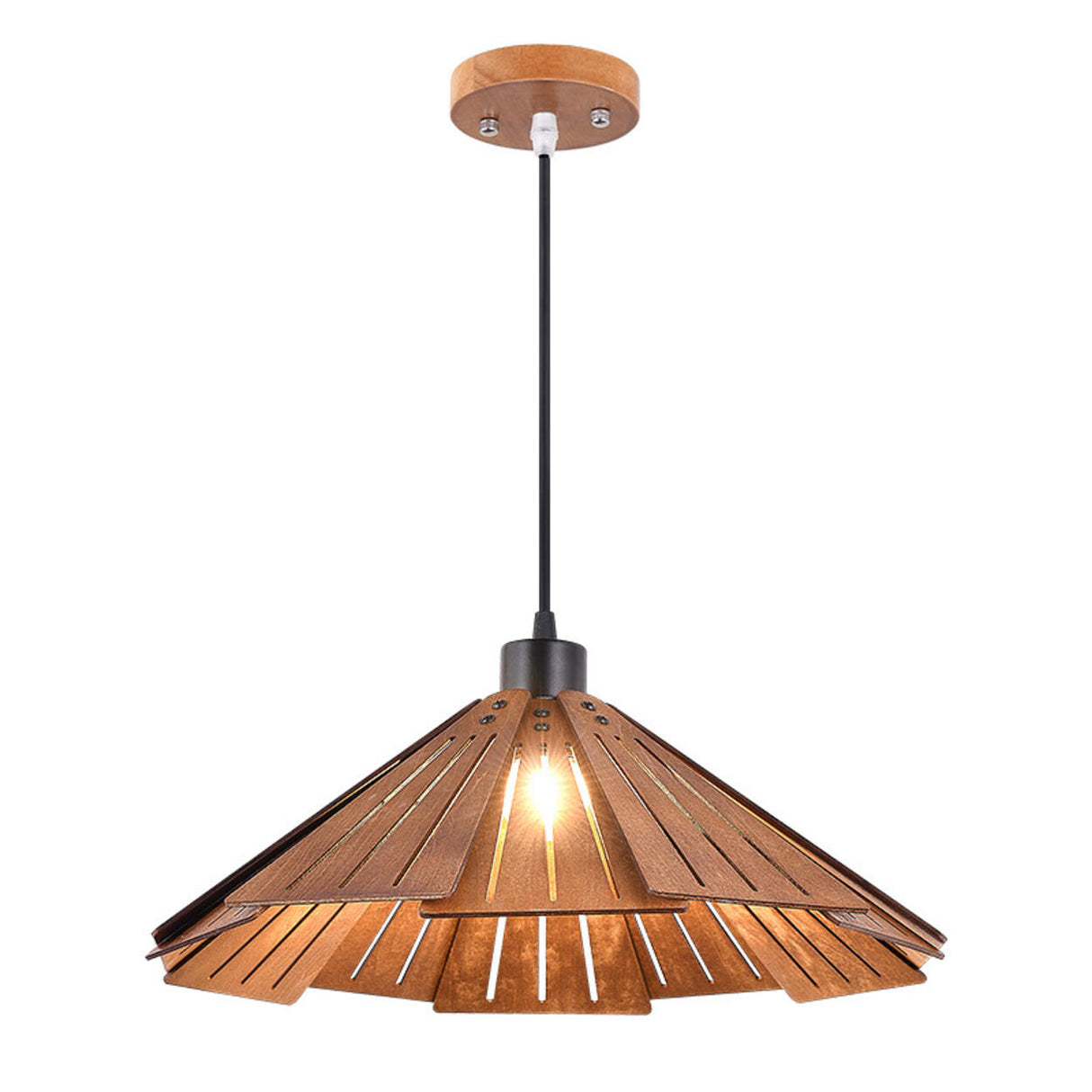 Natural Slatted Solid Wood Cone Pendant Light Image - 5