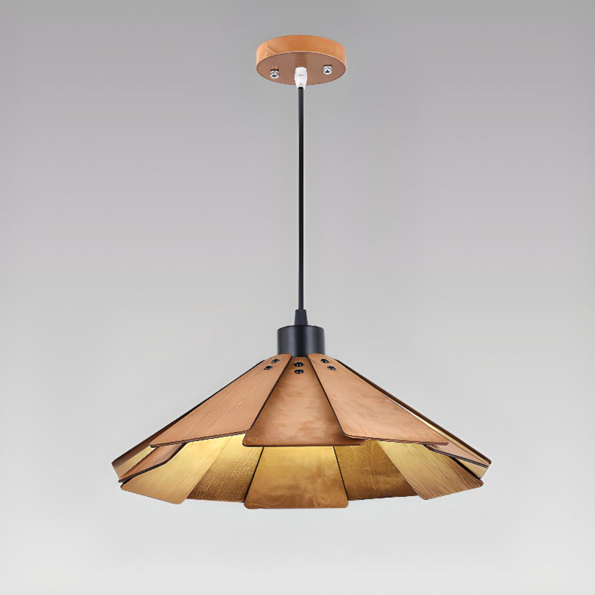 Natural Slatted Solid Wood Cone Pendant Light Image - 7