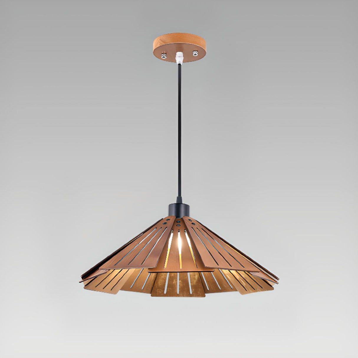 Natural Slatted Solid Wood Cone Pendant Light Image - 8