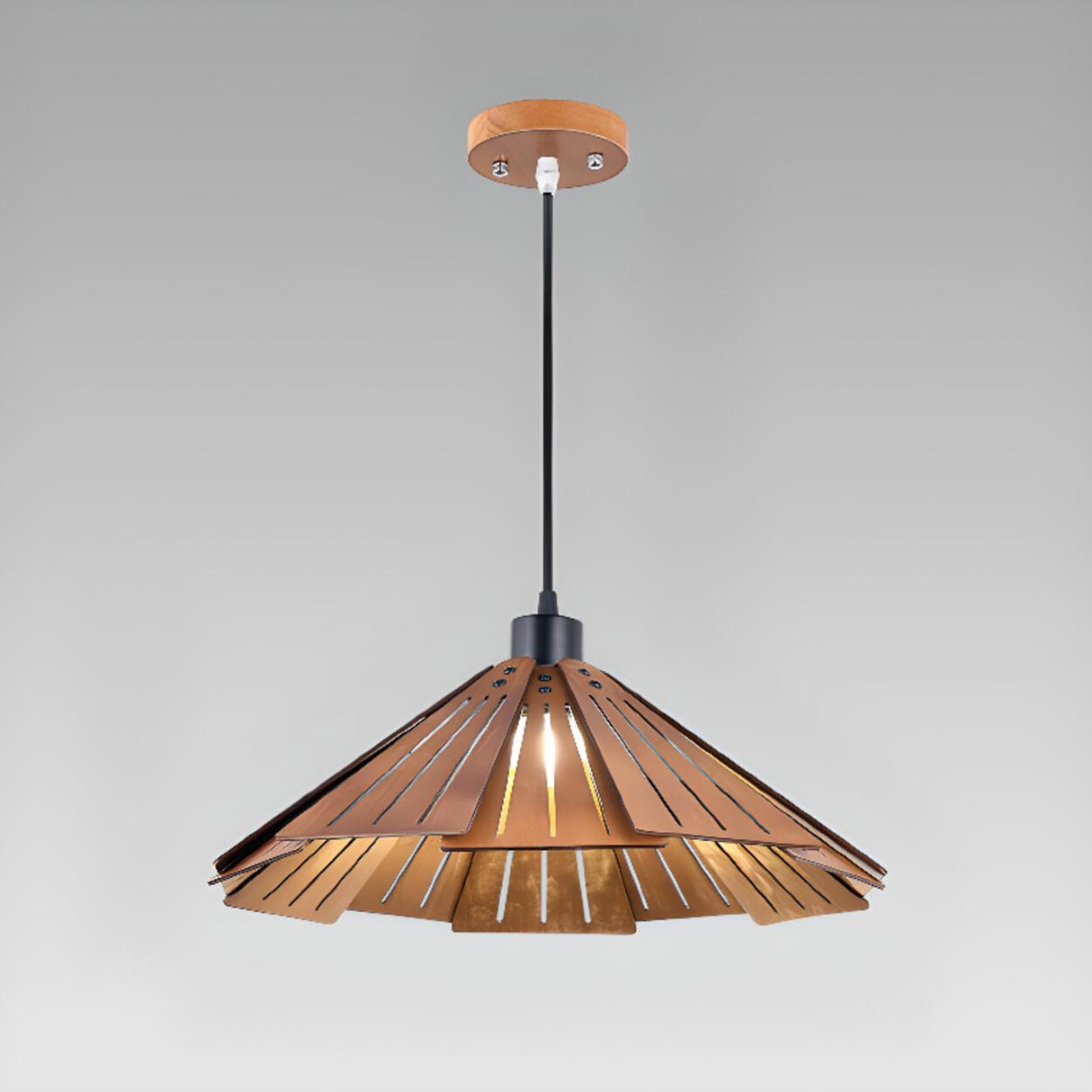 Natural Slatted Solid Wood Cone Pendant Light Image - 9