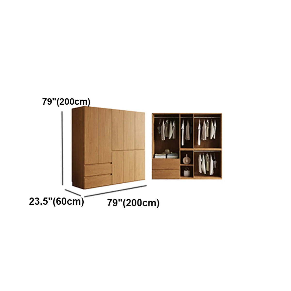 Natural Soft Close Cabinet Door Armoire with Rod and Shelves Image - 12