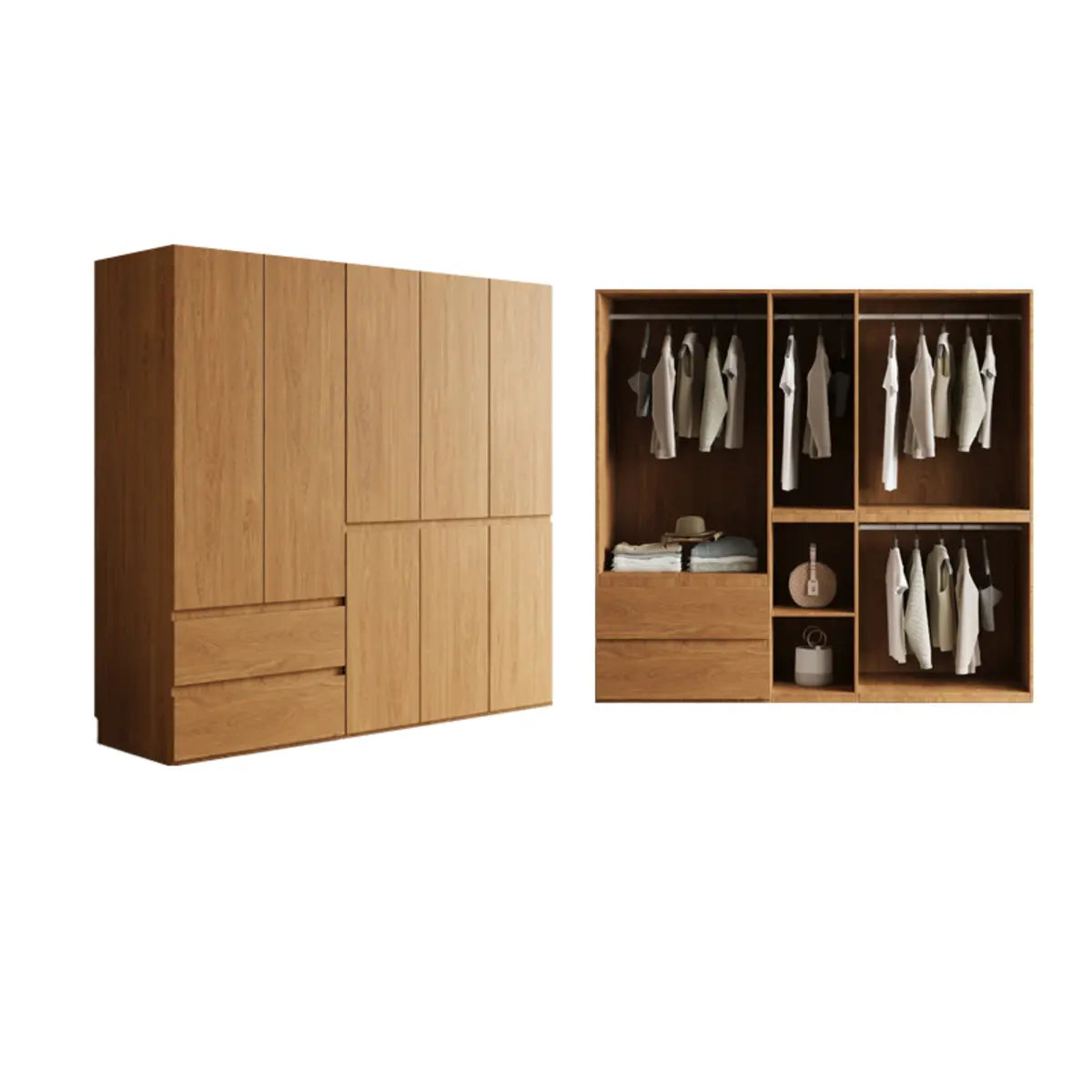 Natural Soft Close Cabinet Door Armoire with Rod and Shelves Image - 7