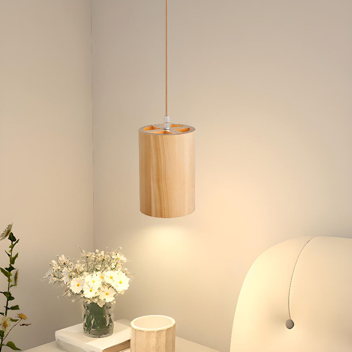 Natural Solid Wood Barrel Cylinder Pendant Light Image - 1