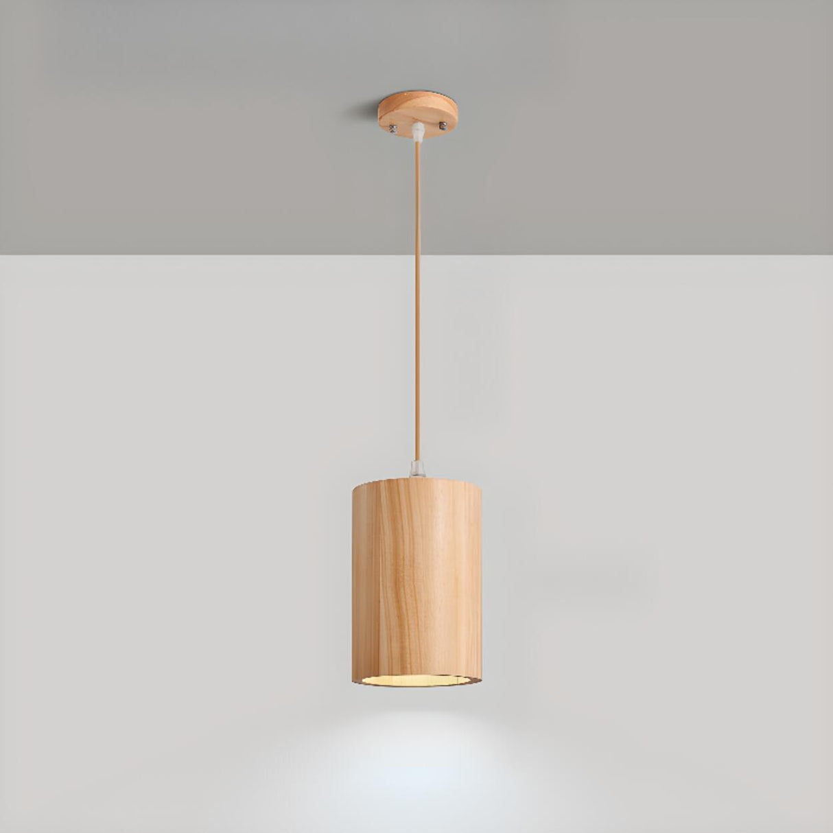 Natural Solid Wood Barrel Cylinder Pendant Light Image - 2