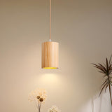 Natural Solid Wood Barrel Cylinder Pendant Light Image - 3