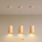 Natural Solid Wood Barrel Cylinder Pendant Light Image - 5