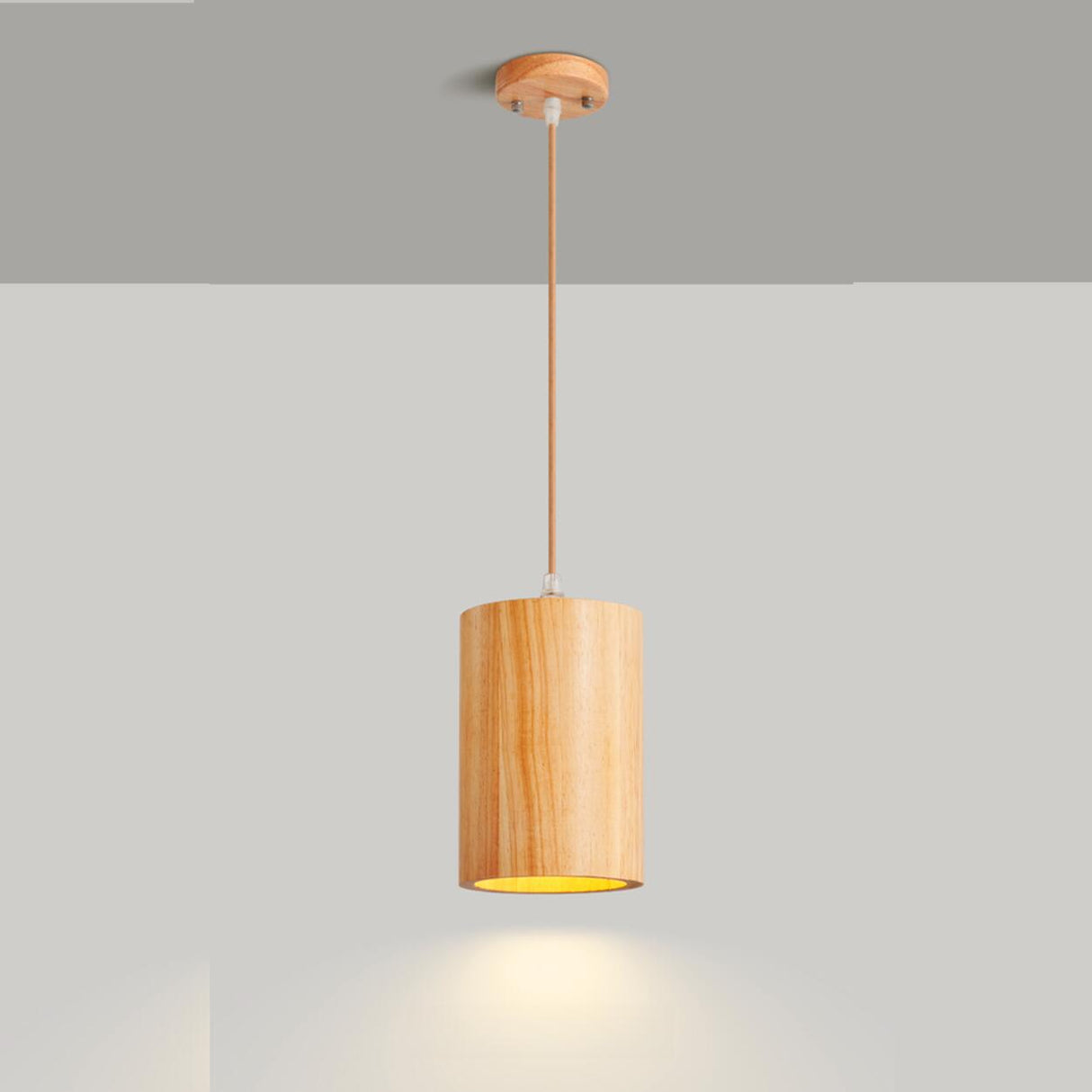 Natural Solid Wood Barrel Cylinder Pendant Light Image - 6