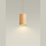 Natural Solid Wood Barrel Cylinder Pendant Light Image - 7