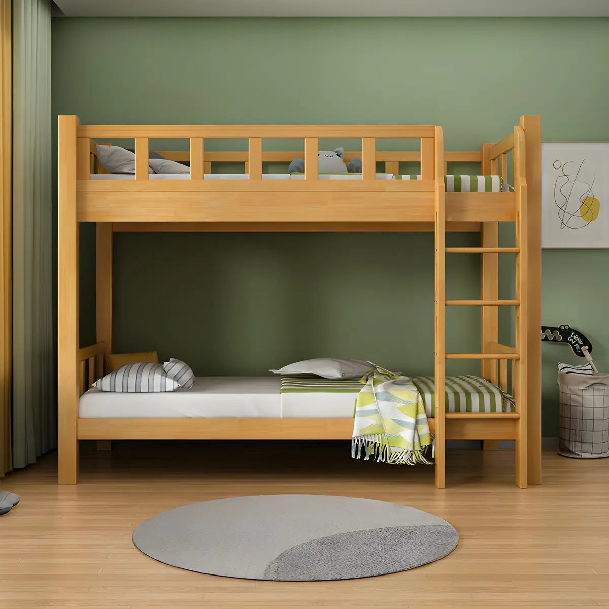 Natural Solid Wood Space-Saving Bunk Bed with Headboard Image - 1