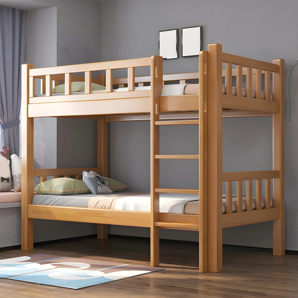 Natural Solid Wood Space-Saving Bunk Bed with Headboard Image - 2