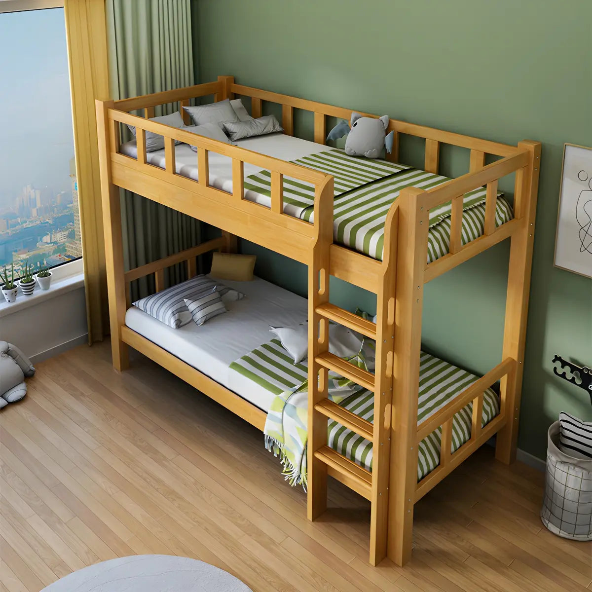 Natural Solid Wood Space-Saving Bunk Bed with Headboard Image - 4