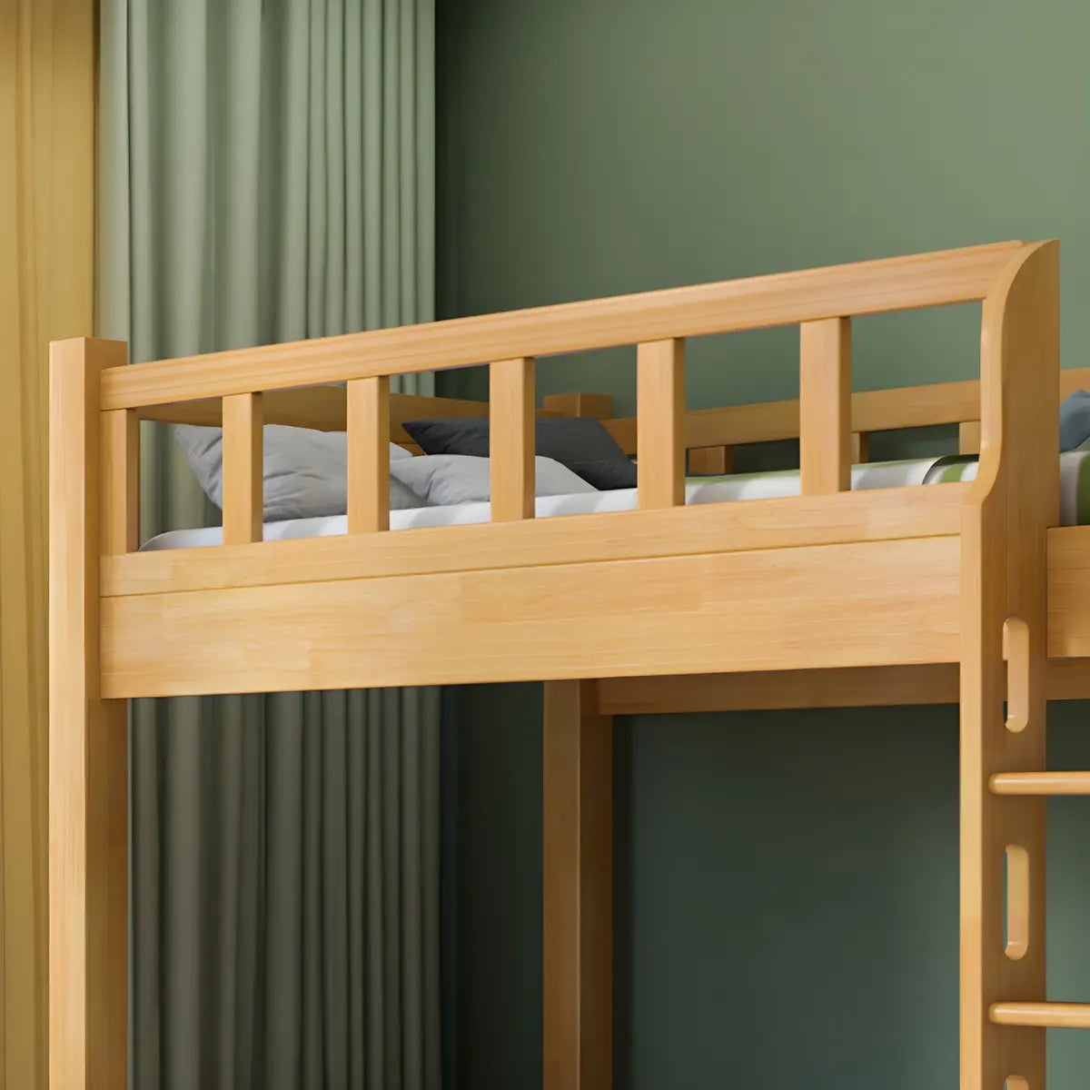 Natural Solid Wood Space-Saving Bunk Bed with Headboard Image - 9