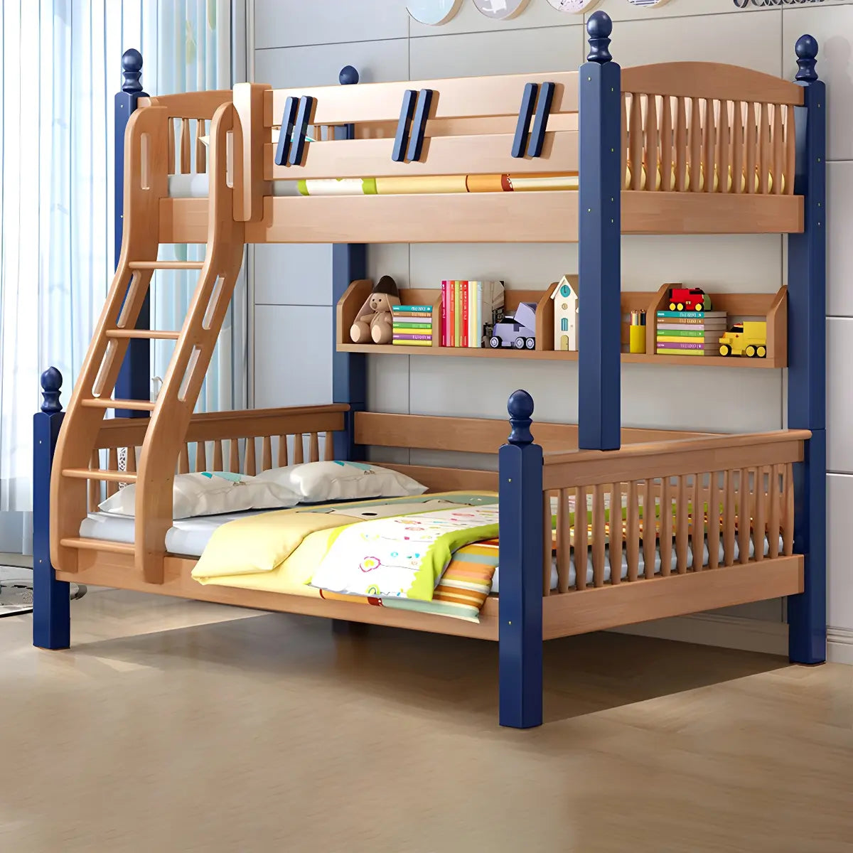 Natural Solid Wood Storage Kids Bunk Bed with Shelves Image - 10