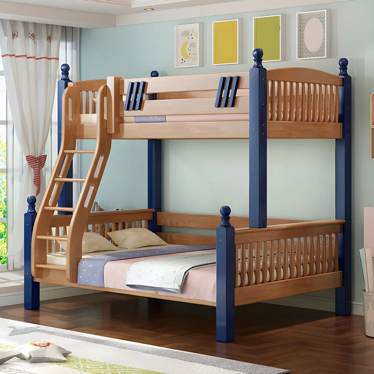 Natural Solid Wood Storage Kids Bunk Bed with Shelves Image - 2