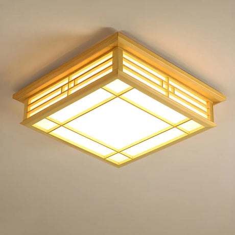 Natural Square Wooden LED Flush Mount Ceiling Light Image - 1