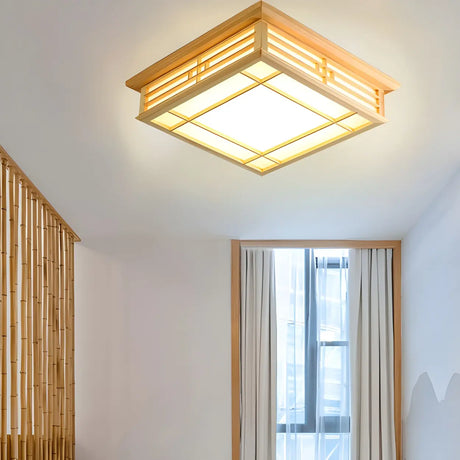 Natural Square Wooden LED Flush Mount Ceiling Light Image - 2