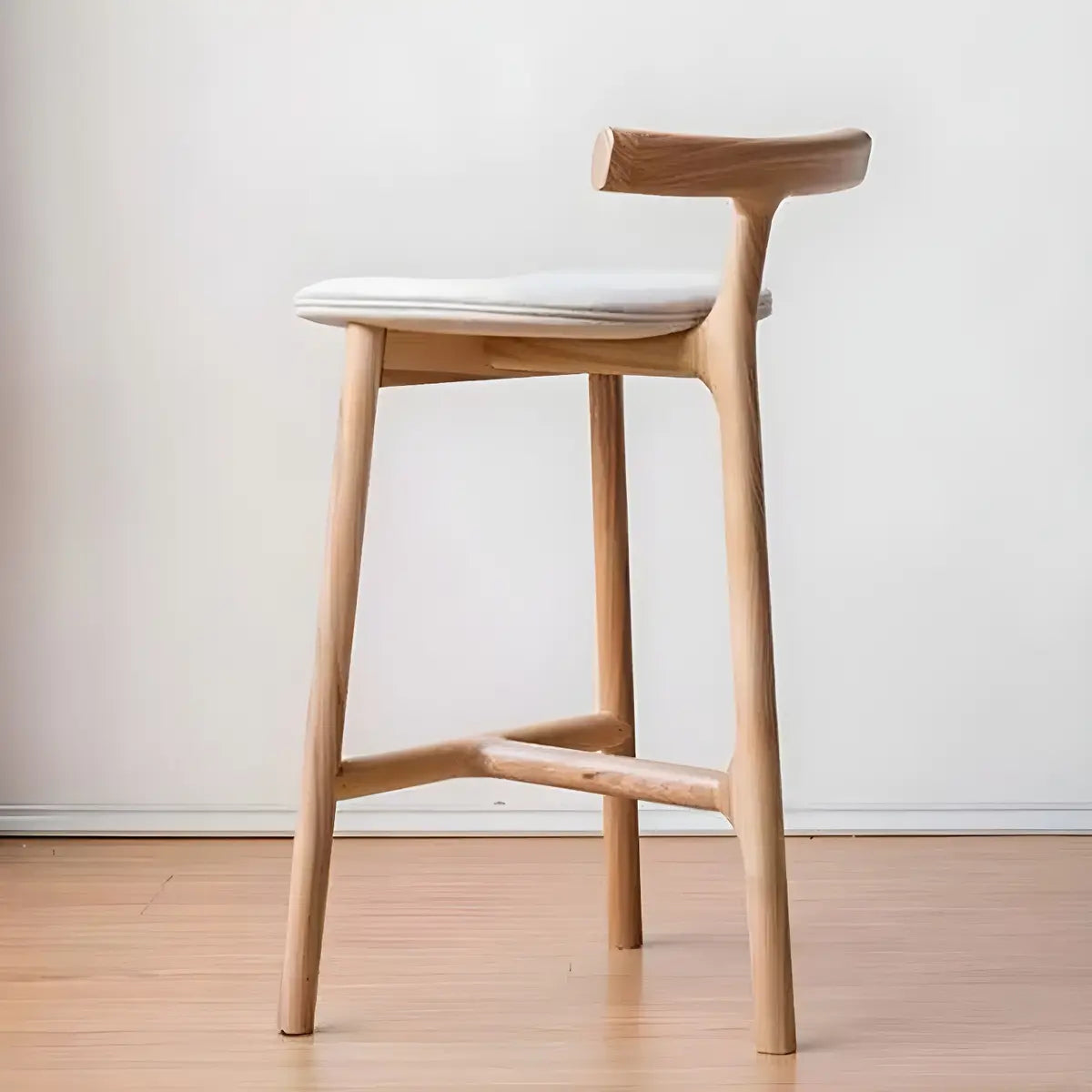 Natural Tripod Ash Wood Fabric Seating Armless Bar Stool Image - 3