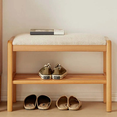 Natural Upholstered Entryway Bench with Shoe Shelf Image - 1