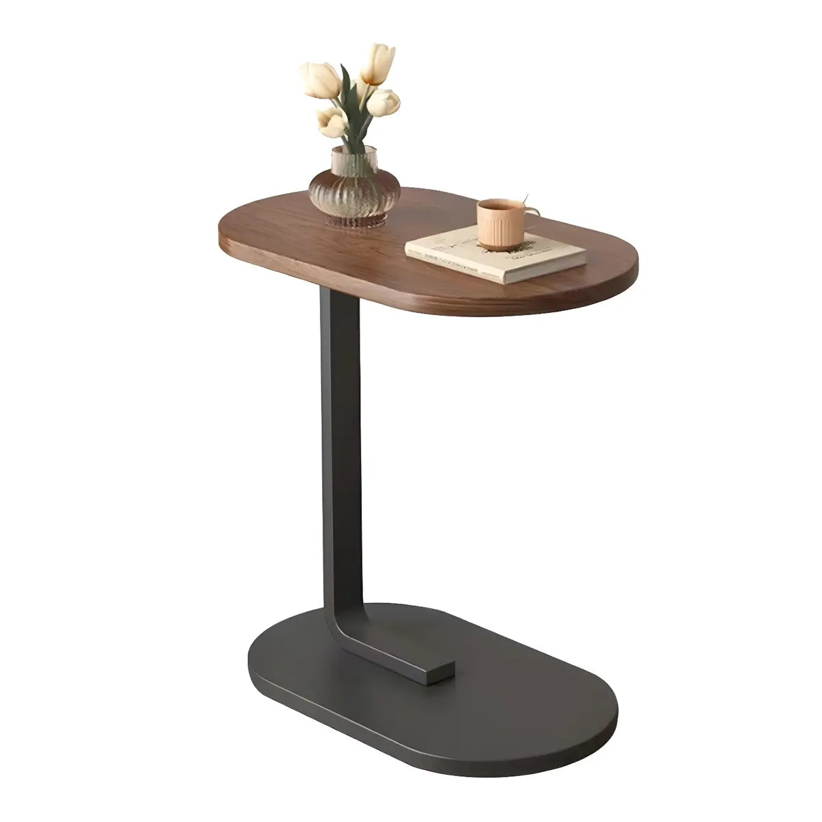 Natural Walnut Oval Wood and Iron C-Shaped End Table Image - 13