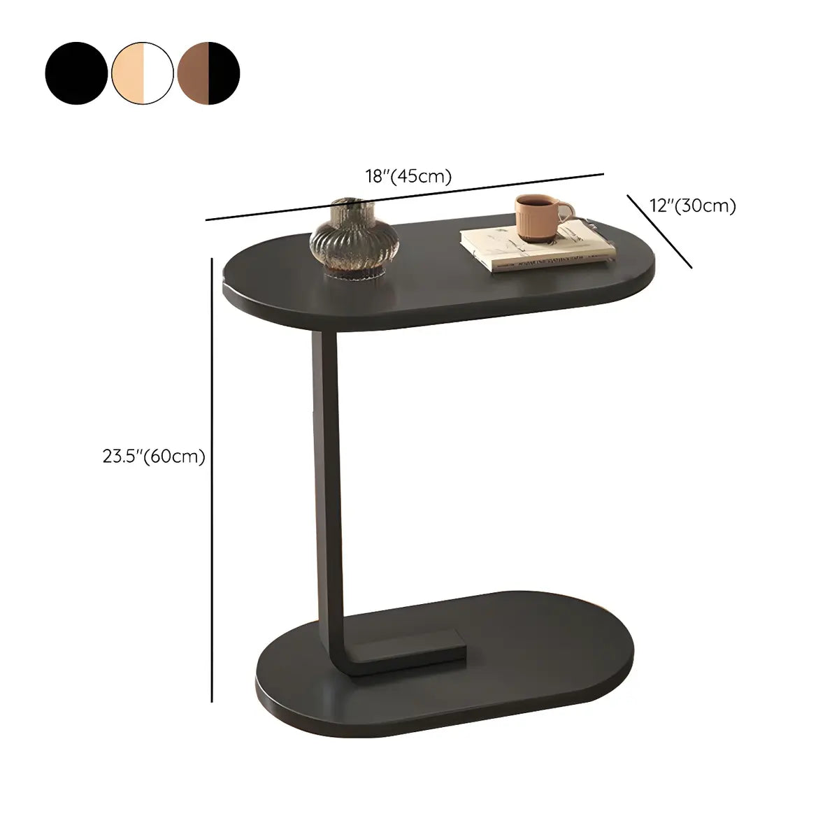 Natural Walnut Oval Wood and Iron C-Shaped End Table 