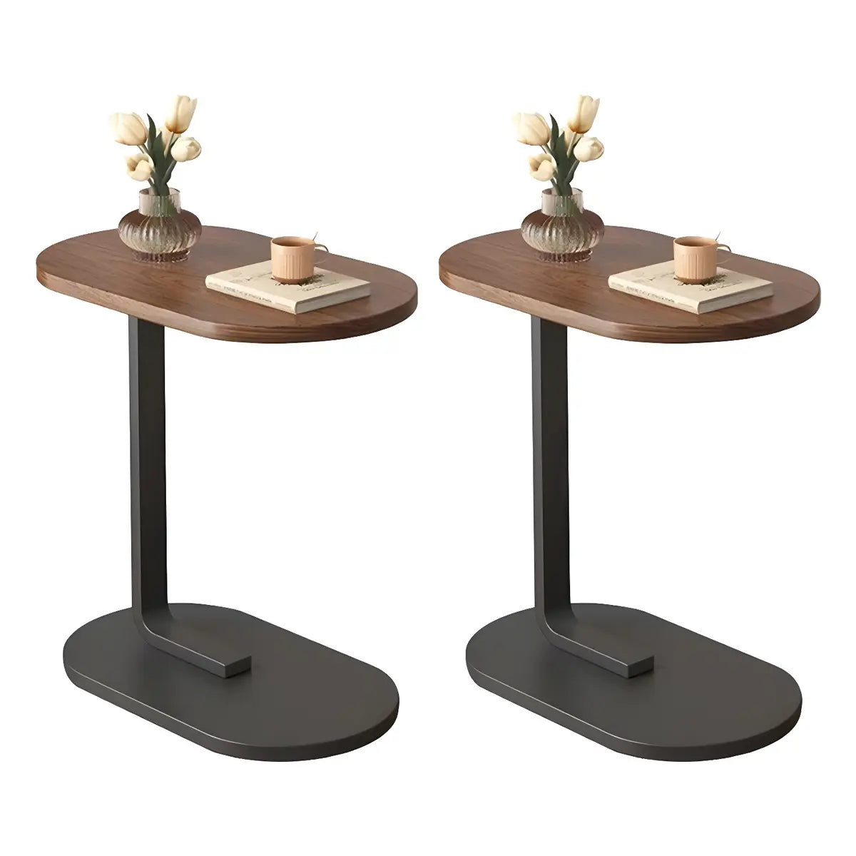 Natural Walnut Oval Wood and Iron C-Shaped End Table Image - 3