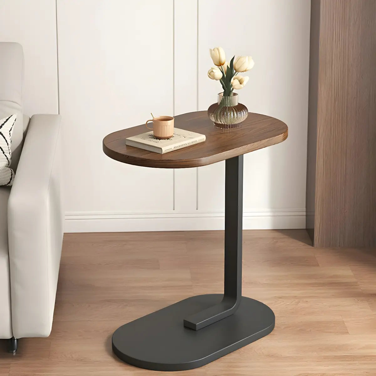 Natural Walnut Oval Wood and Iron C-Shaped End Table Image - 4