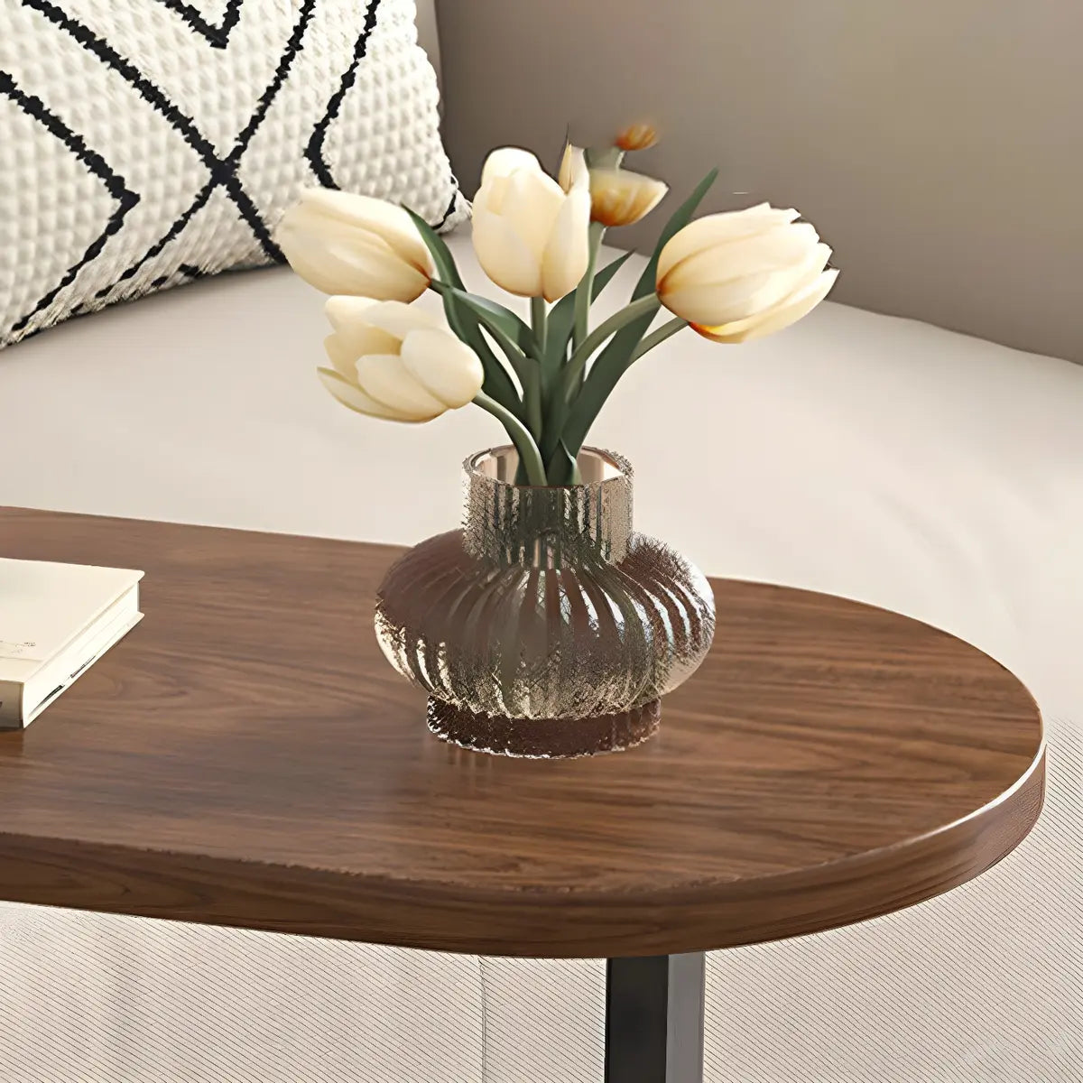 Natural Walnut Oval Wood and Iron C-Shaped End Table Image - 8