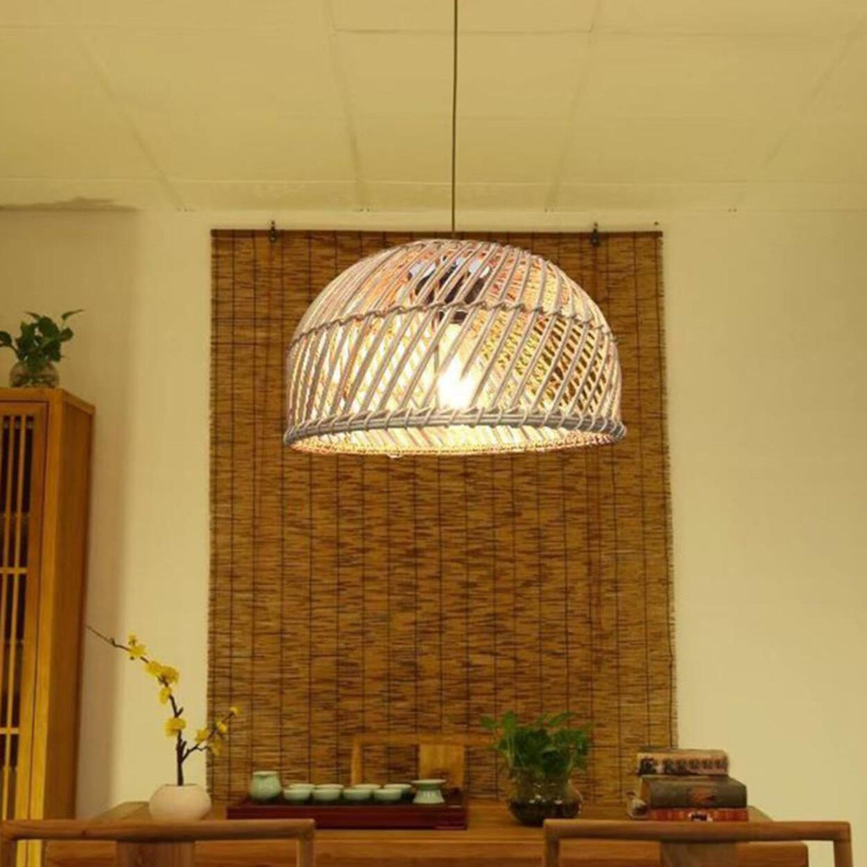 Natural Weave Dome Rattan Pendant Light Adjustable Cord Image - 1