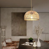 Natural Weave Dome Rattan Pendant Light Adjustable Cord Image - 15