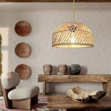 Natural Weave Dome Rattan Pendant Light Adjustable Cord Image - 16