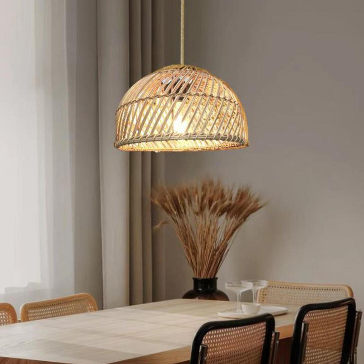 Natural Weave Dome Rattan Pendant Light Adjustable Cord Image - 6