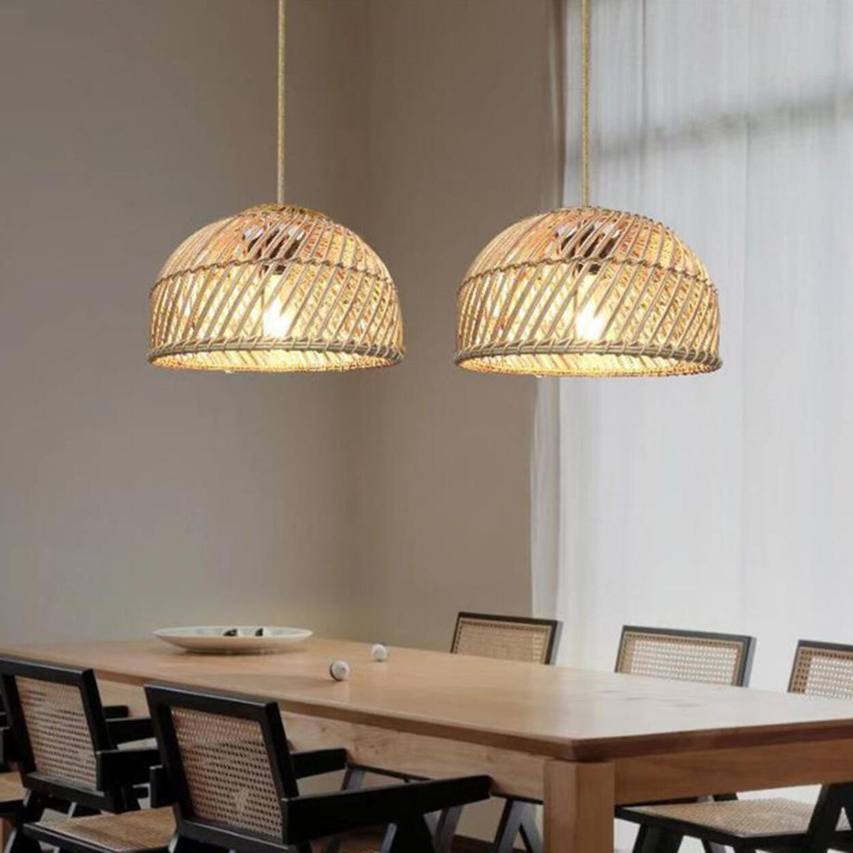 Natural Weave Dome Rattan Pendant Light Adjustable Cord Image - 8