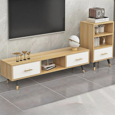 Natural-White Open Storage Drawers Rectangle TV Stand Image - 1