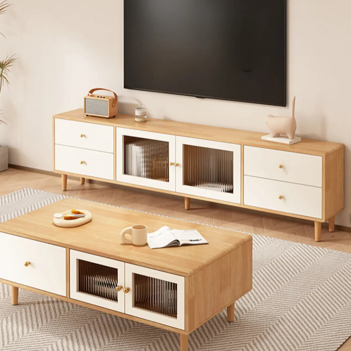 Natural-White Wood TV Stand with Drawers Cabinet Image - 11