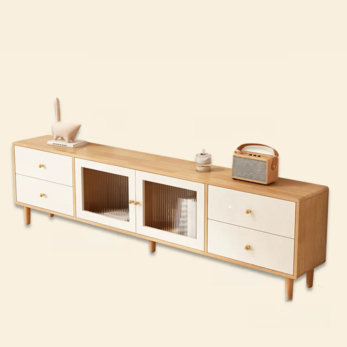 Natural-White Wood TV Stand with Drawers Cabinet Image - 13