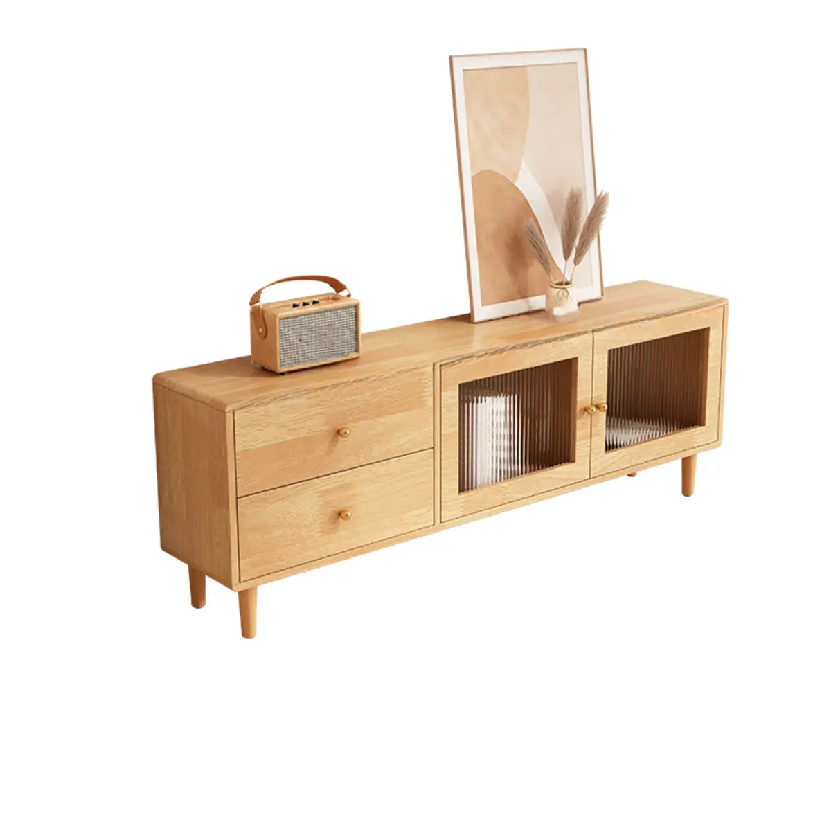 Natural-White Wood TV Stand with Drawers Cabinet Image - 3